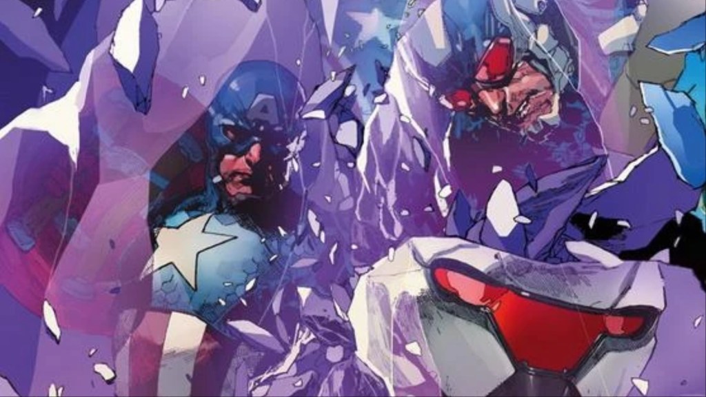 Captain America and various future versions of himself in shattering crystal