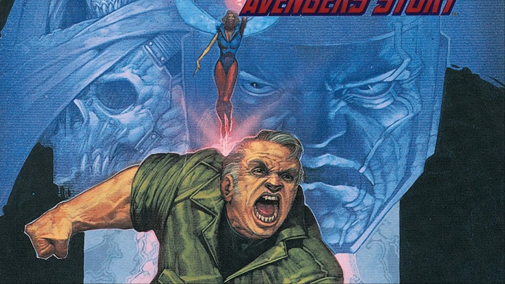 Hank Pym and the Wasp in front of the heads of Kang and the Grim Reaper