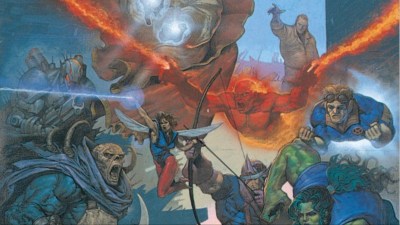 The future Avengers in battle with Ultron, Kang, Grim Reaper, and Oddball