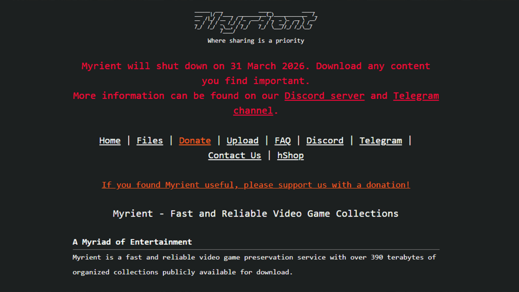 A screenshot of the Myrient website, showing its pending closure message.