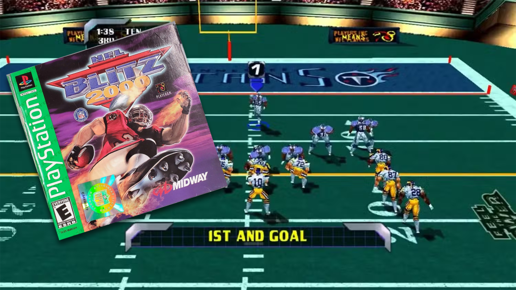 A screenshot from NFL Blitz (Greatest Hits) on the PlayStation and the CD Jewel Case cover art.