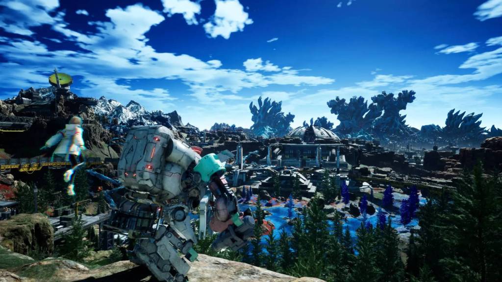 Player and their mech overlooking a vast landscape in Synduality Echo of Ada.