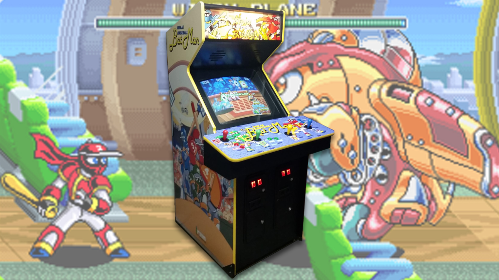 The Ninja Baseball Bat Man arcade cabinet over a screenshot from the game.