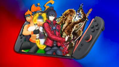 Noah from Xenoblade Chronicles 3 next to the main character from Ring Fit Adventure, Link from Tears of the Kingdom, with them all coming out of a Switch 2.