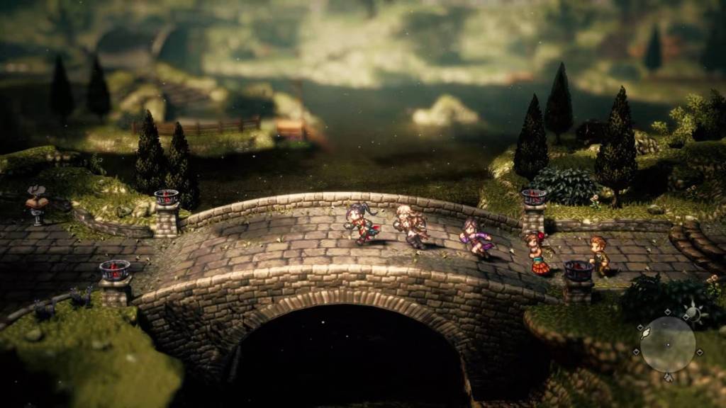 The cast of Octopath Traveler 2 running across a bridge.