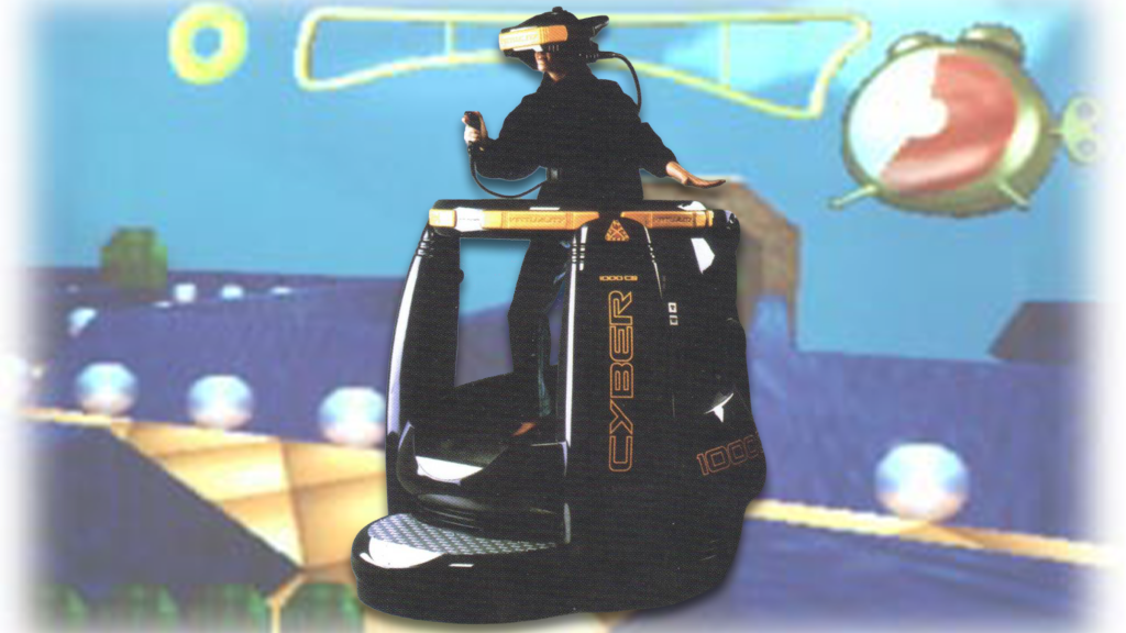 The Virtuality VR system over a screenshot of Pac-Man VR.