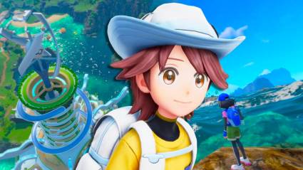 The trainer from Pokemon Winds with gameplay behind him.