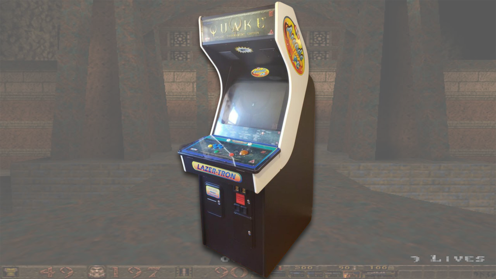 The Quake arcade machine over a screenshot of the game.