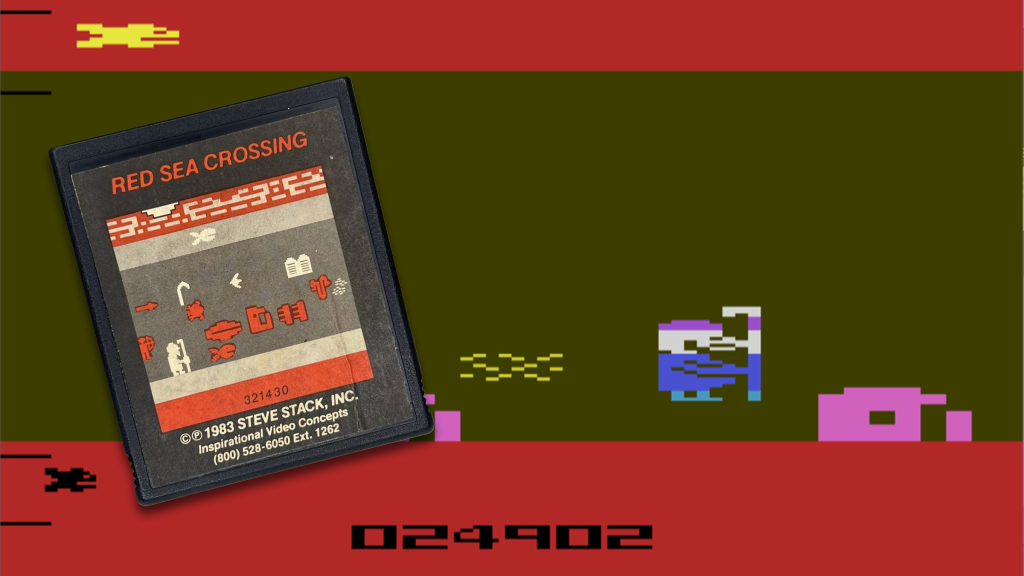 A screenshot from Red Sea Crossing and the Atari 2600 cartridge.
