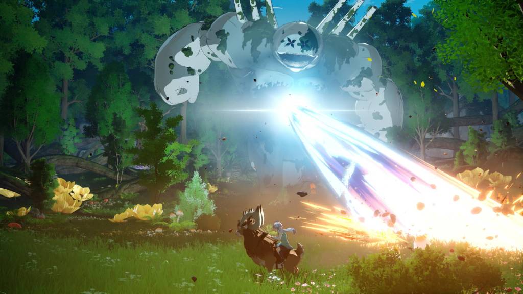 The player riding away from a giant monster in Seven Deadly Sins Origins.