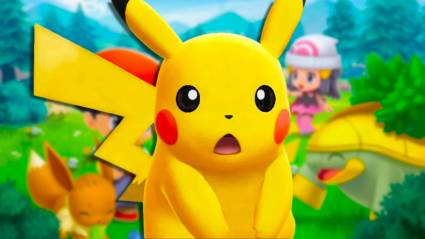 Pikachu looking shocked with key art from Pokemon Diamond and Pearl behind it.