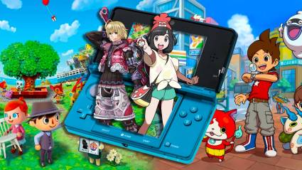 Shulk from Xenoblade Chronicles and the female trainer from Pokemon Sun coming out of a Nintendo 3DS with gameplay from Yokai Watch and Animal Crossing New Leaf behind them.