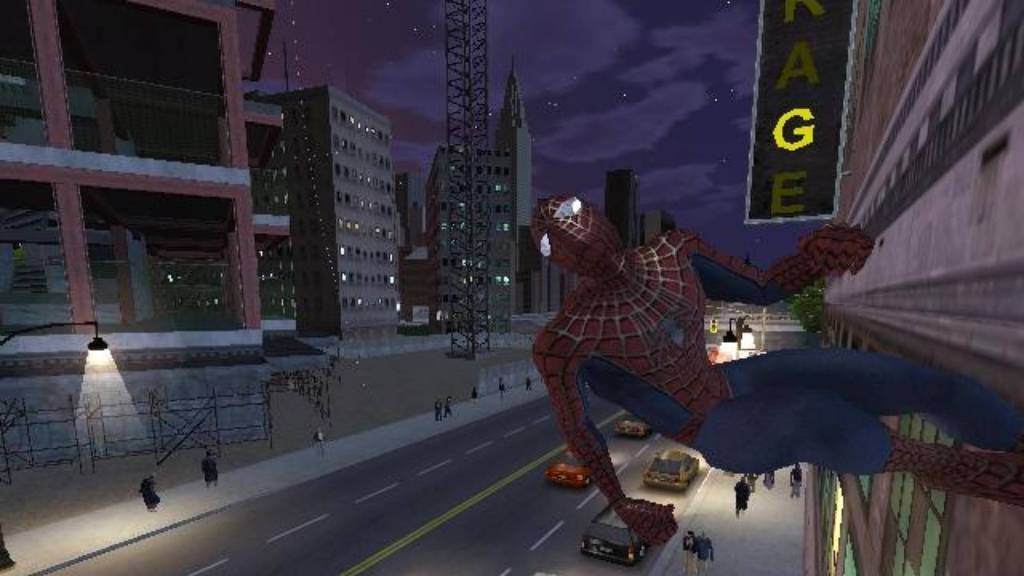 Spider-Man on the side of a building in the Spider-Man 2 video game.