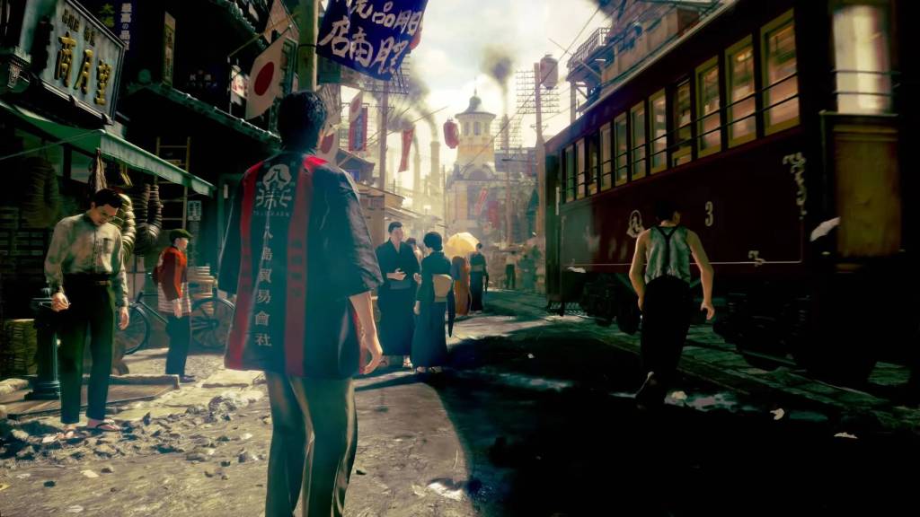 The player looking at a tram in Stranger Than Heaven