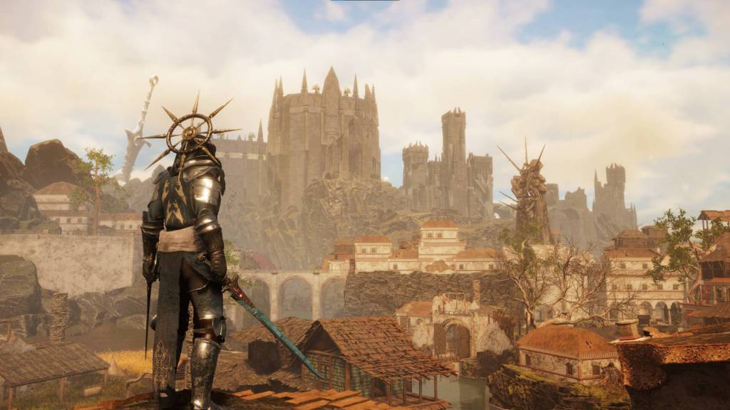 The player overlooking a city in Tainted Grail: The Fall Of Avalon