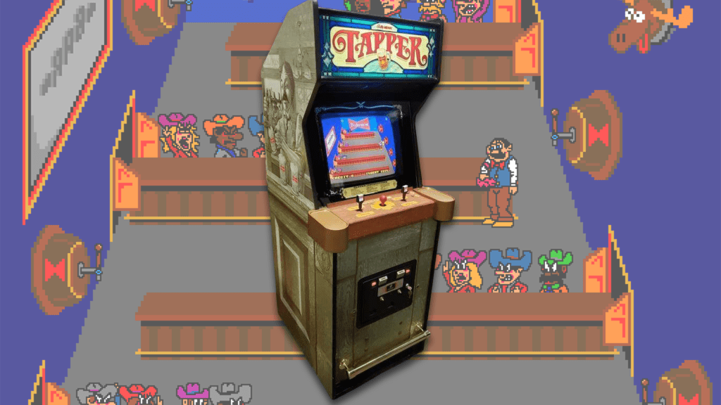 The Tapper 1983 original arcade cabinet over a screenshot of the game.