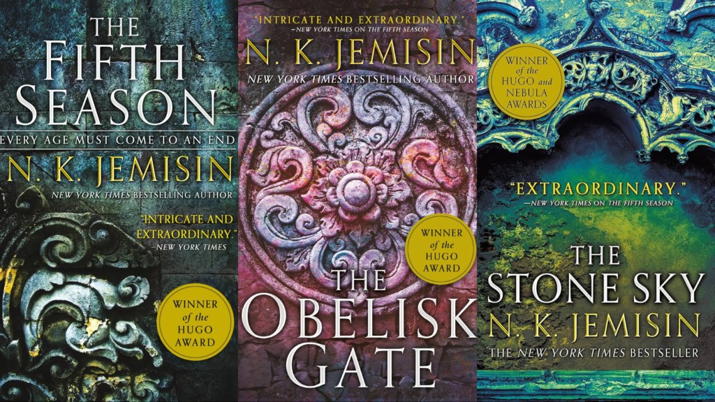 The covers of The Fifth Season, The Obelisk Gate, and The Stone Sky
