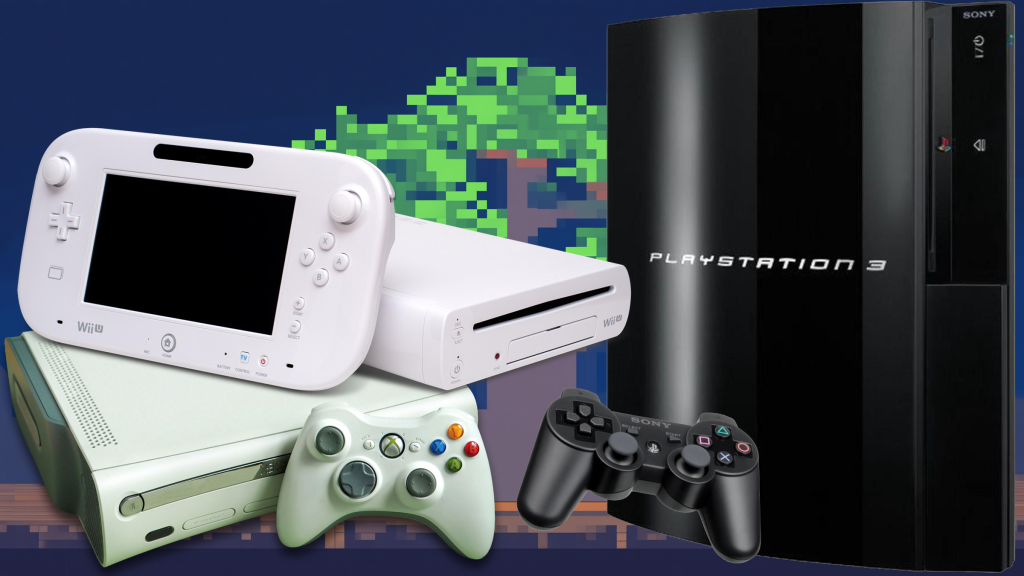 The Wii U, Xbox 360, and PlayStation 3 over a pixelated background.