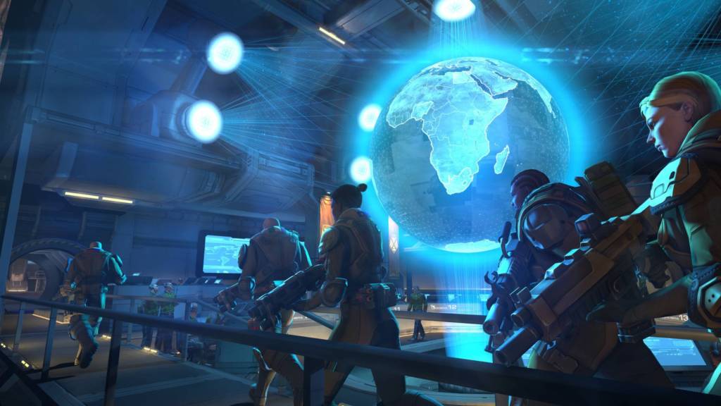 A group of soldiers running through HQ in XCOM Enemy Unknown