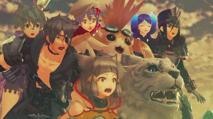 Characters from Xenoblade Chronicles 2 standing together looking at something off screen with shocked expressions.