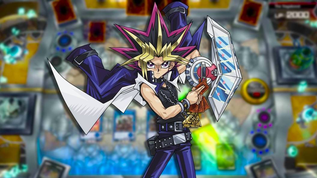 Yami Yugi from Yu-Gi-Oh in front of gameplay from Yu-Gi-Oh Master Duel