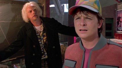 Split image of Doc Brown and Marty McFly in Back to the Future Part II