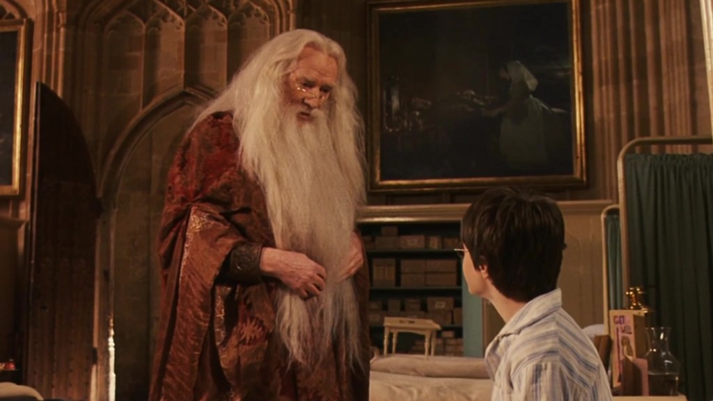 Dumbledore speaking to Harry Potter in the hospital wing