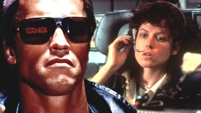 Split image of Arnold Schwarzenegger in The Terminator and Sigourney Weaver in Alien