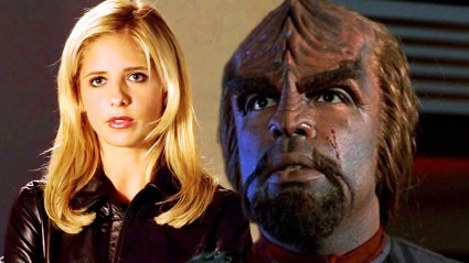 Split image of Buffy from Buffy the Vampire Slayer and Worf in Star Trek