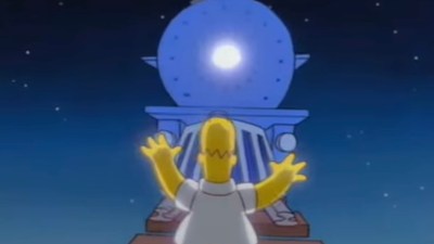 A space train heads for Homer in The Simpsons