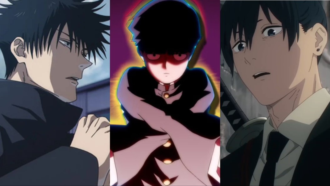 A collage of Jujutsu Kaisen, Mob Psycho 100, and Chainsaw Man