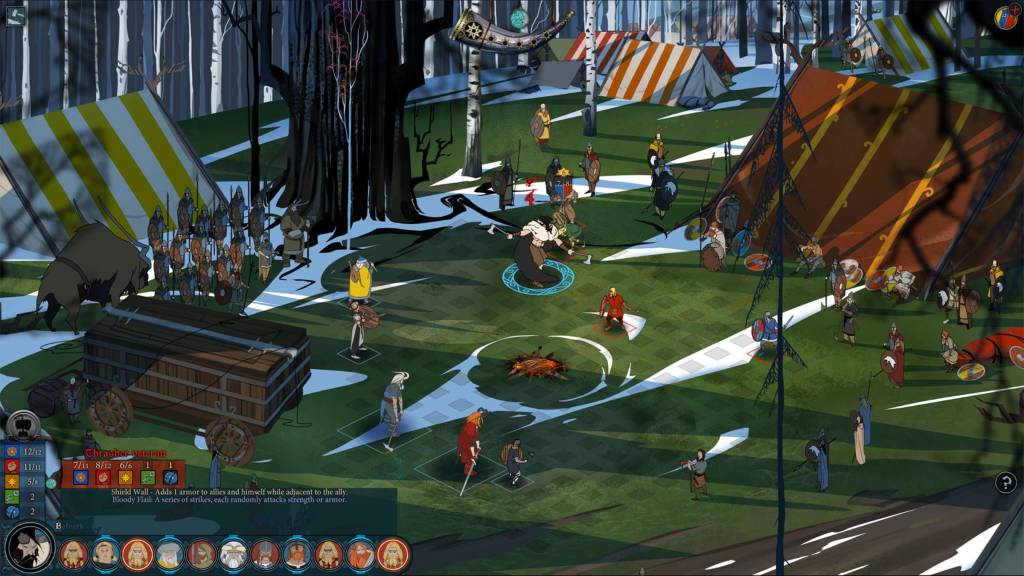 Characters fighting on a snow-capped field in Banner Saga 2.