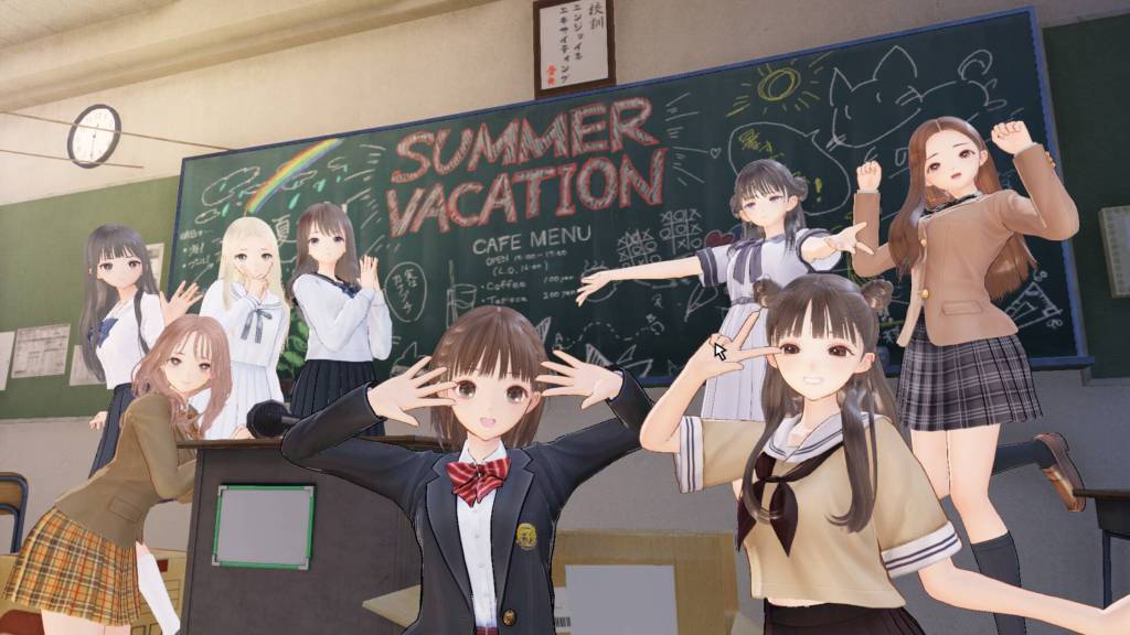 A group of characters from Blue Reflection in a classroom.