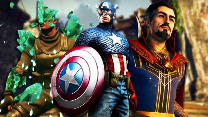 Captain America from Captain America: Super Soldier standing next to Doctor Strange from Marvel's Midnight Suns and a character from Capes.