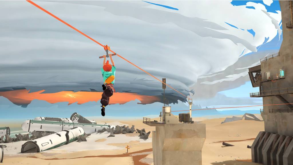 The player ziplining across a desert in Caravan Sandwitch