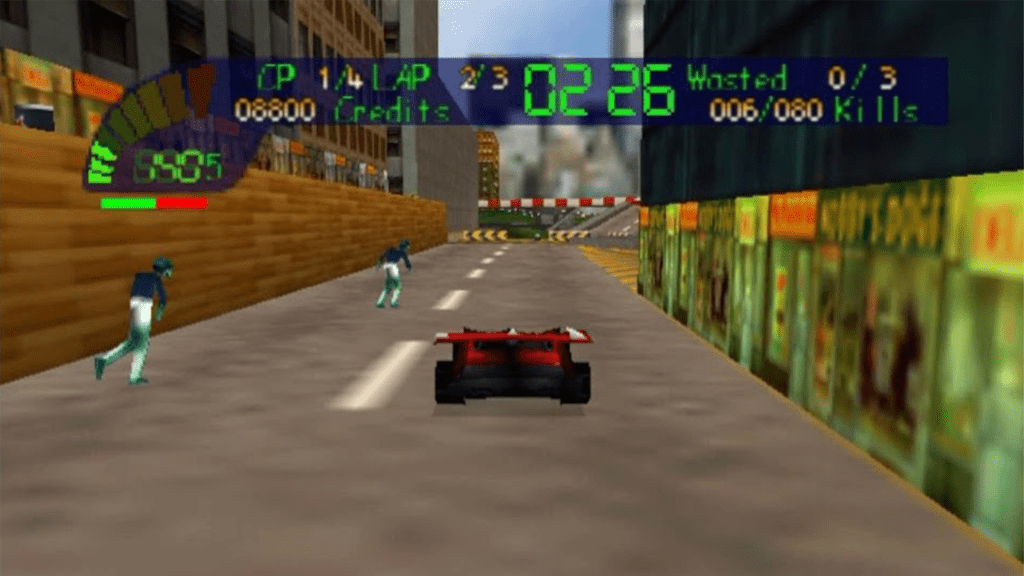 A screenshot from Carmageddon II: Carpocalypse Now on the Nintendo 64.