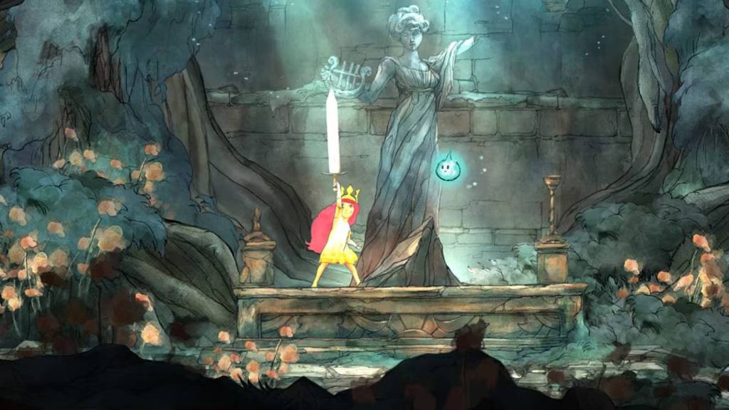 Aurora as a child holding a sword in Child of Light.