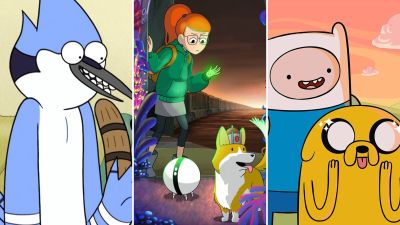 Collage of animated shows Regular Show, Infinity Train, and Adventure Time