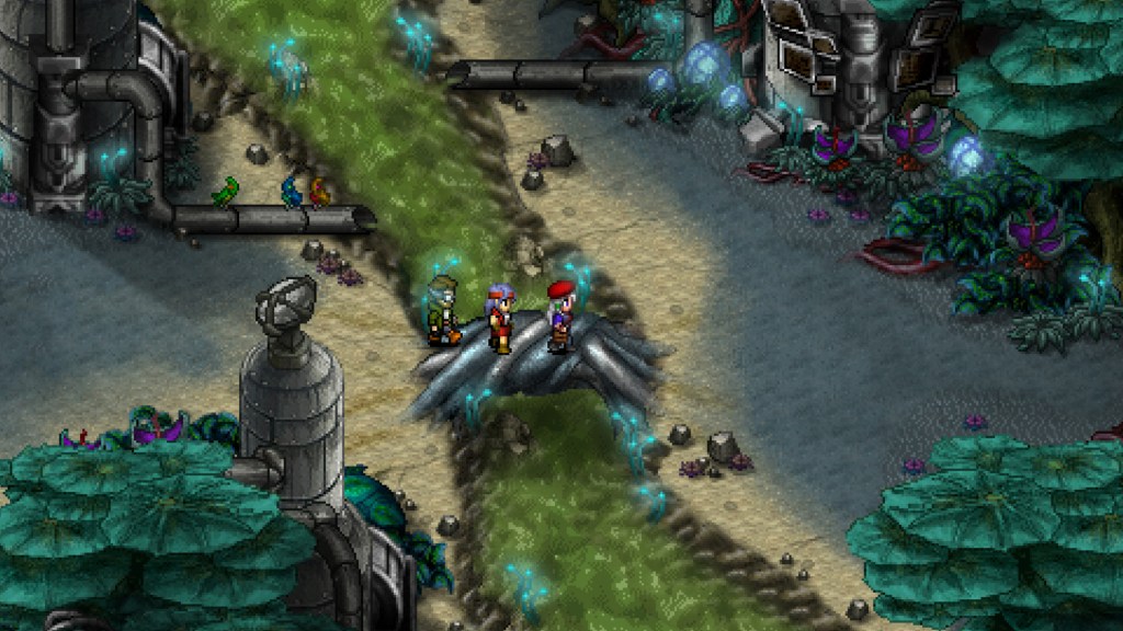 The party exploring an area in Cosmic Star Heroine.