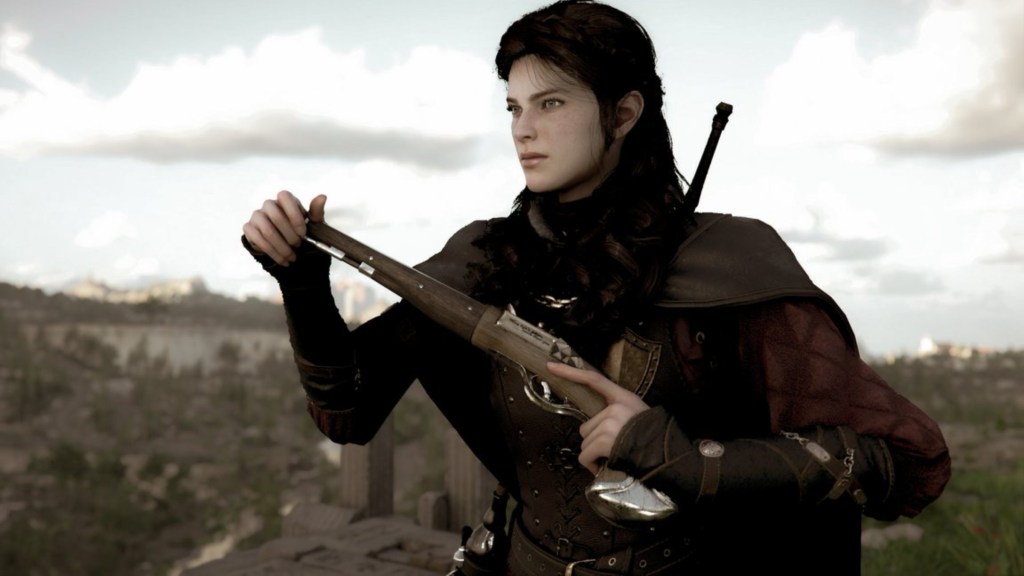 Damiane from Crimson Desert holding a pistol.