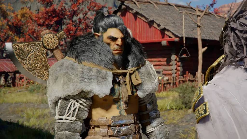 Oongka with an axe talking to an NPC in Crimson Desert