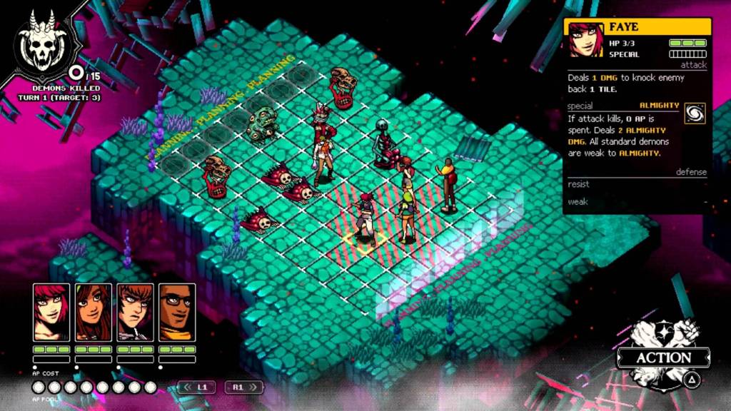The player fighting a group of enemies on a green battlefield in Demonschool.