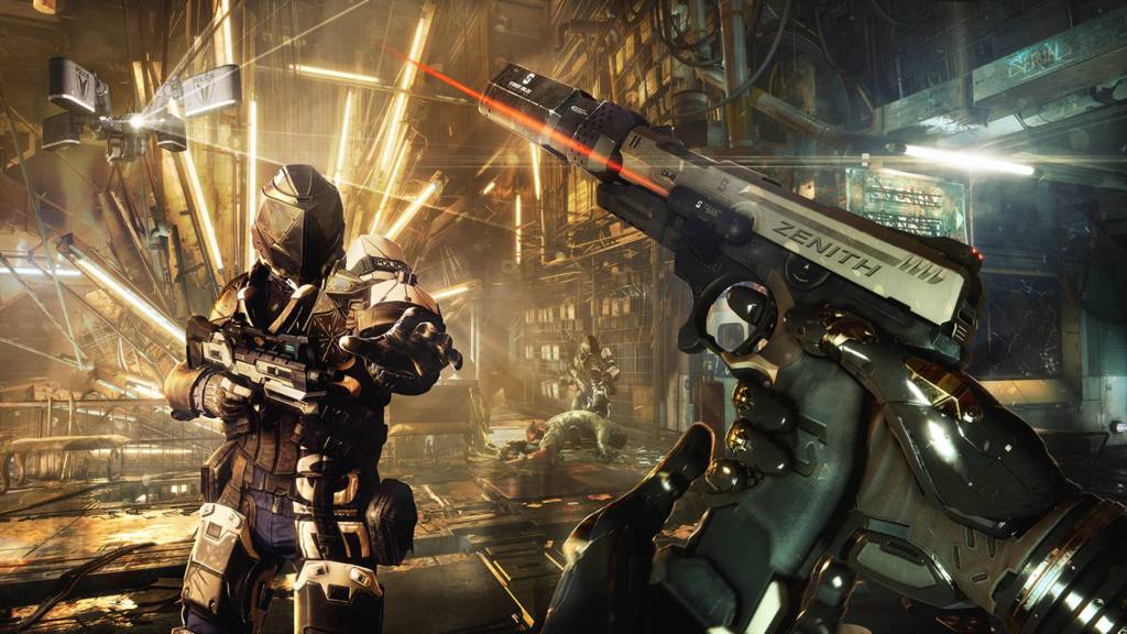 Adam Jensen holding a pistol next to a police officer in Deus Ex: Mankind Divided