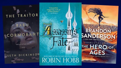 The covers of The Traitor Baru Cormorant, Assassin's Fate, and The Hero of Ages