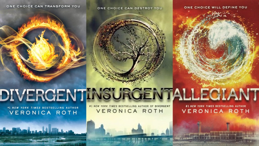 The covers of Divergent, Insurgent, and Allegiant