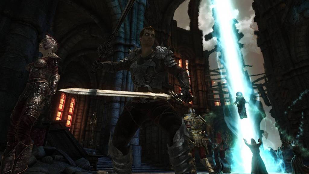 The player holding a sword in Divinity 2.