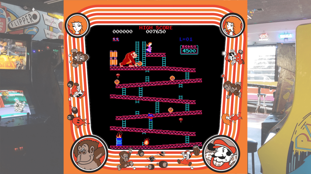 A screenshot from Donkey Kong with arcade bezel art over a picture of Retrovolt Arcade.