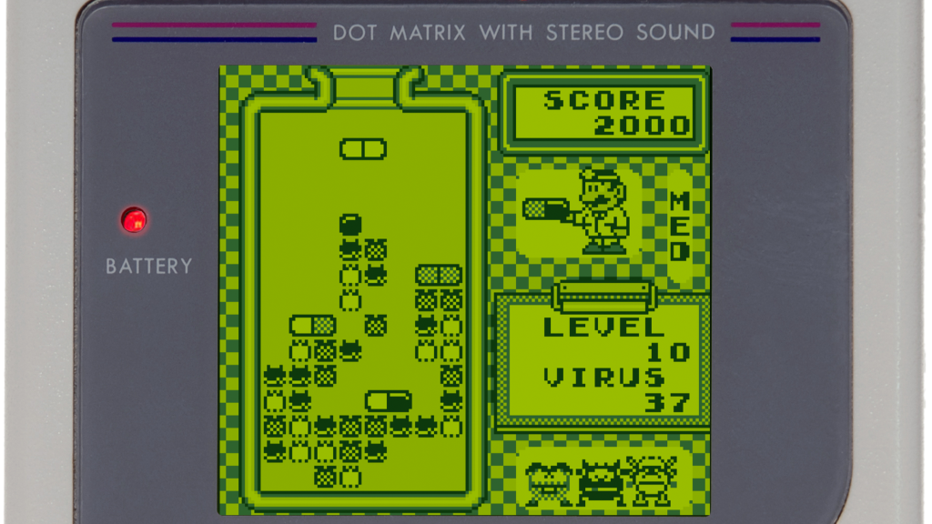 A screenshot from Dr. Mario playing on the Nintendo Game Boy.