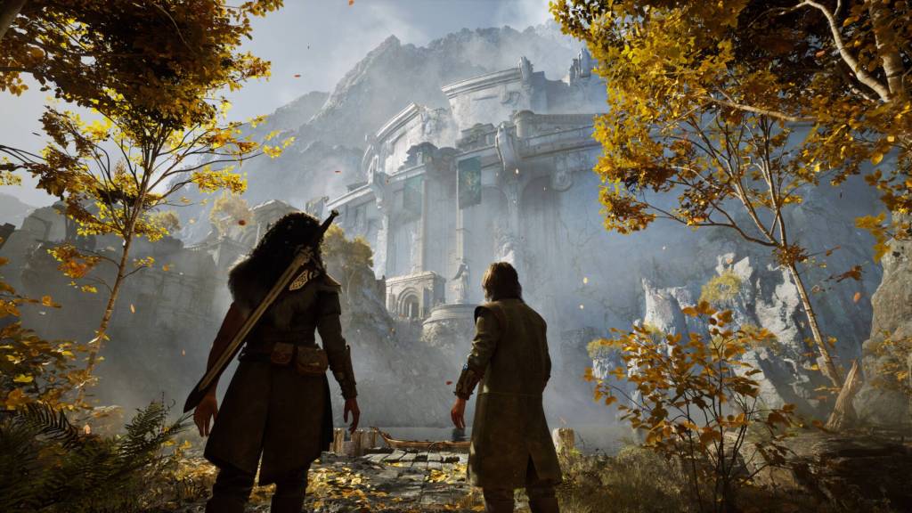 Ryn and Abram looking at distant ruins in Echoes of the End.