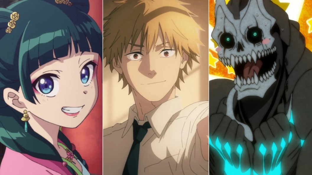Split image of The Apothecary Diaries, Chainsaw Man, and Kaiju No. 8